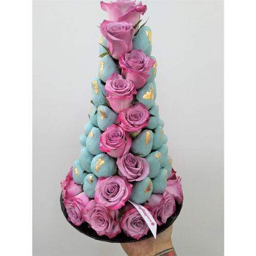 30cm Tiffany Blue w/ Purple Rose Strawberry Tower (Medium)